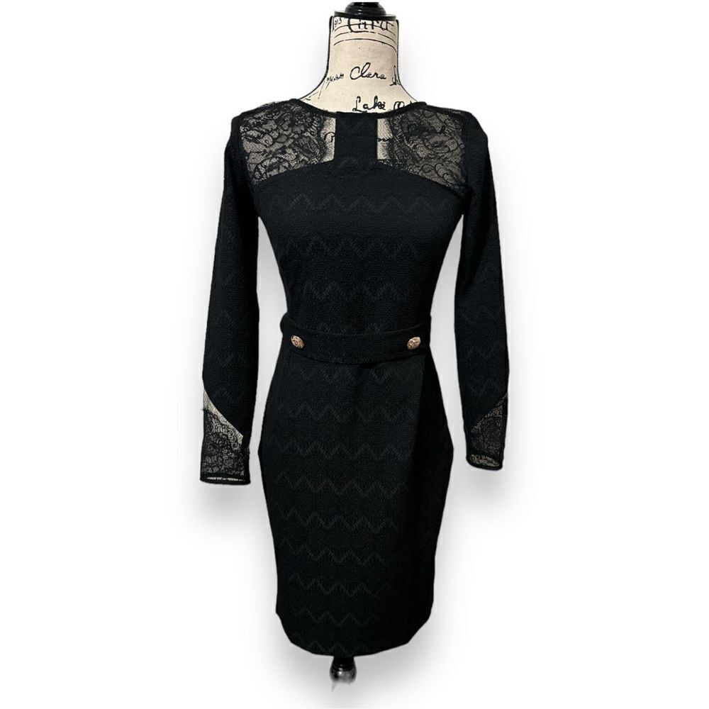 Arefeva Women's Black Lace Overlay Long Sleeves Midi Evening Sheath Dress Small